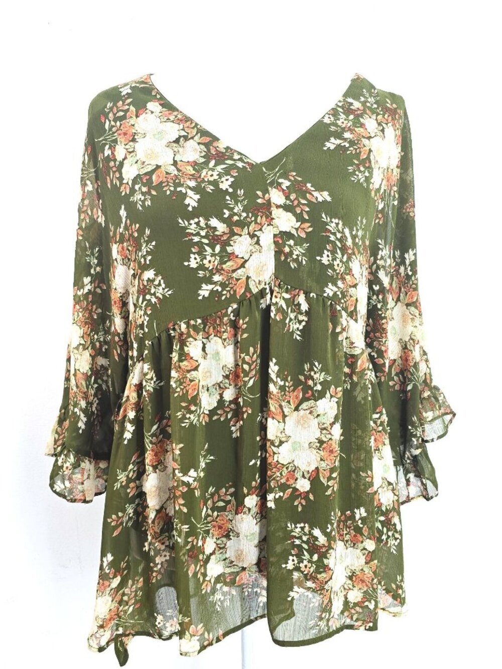 Nordstrom DR2 Olive Green Floral Flowy Boho Fairy Bell Sleeve Top Women M
